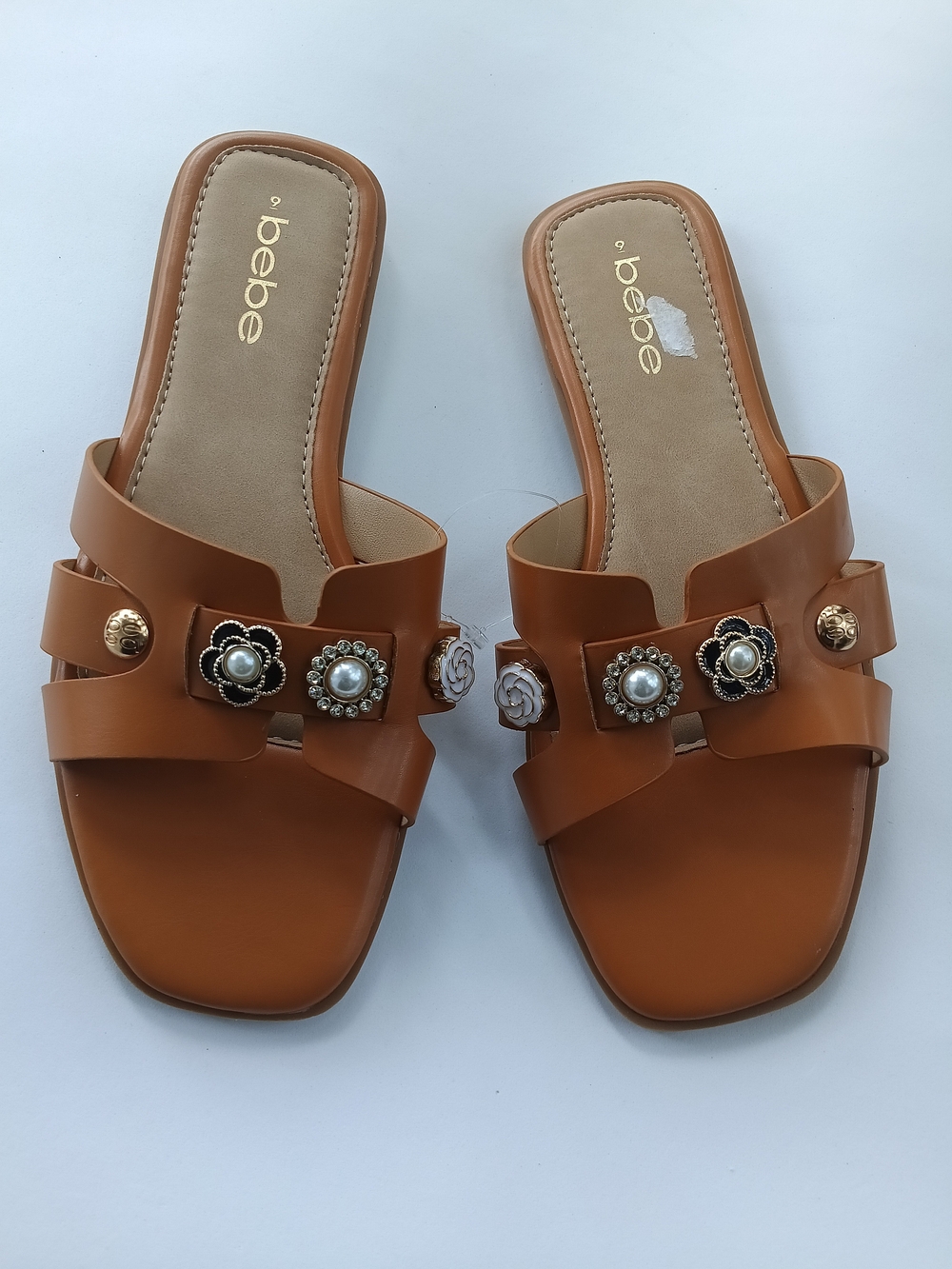 bebe Tan Floral-Embellished Slide Women's Sandals Size US 9.